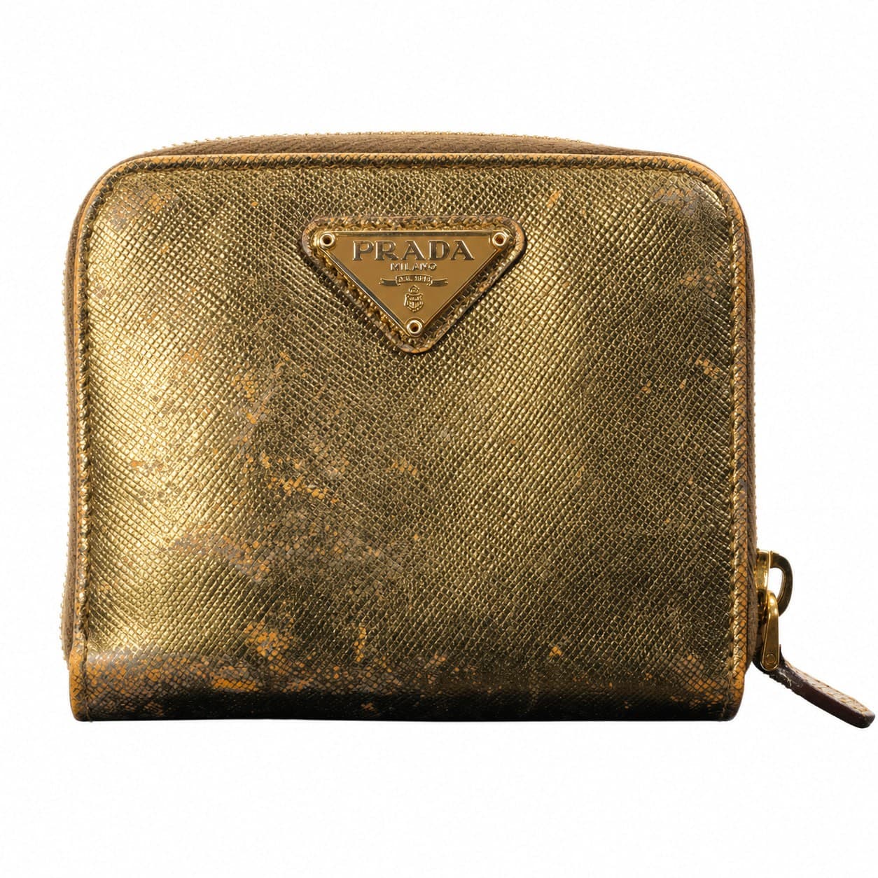 Prada Saffiano Metallic Gold Leather Bifold Wallet Purse handbags auction on bidia.ai