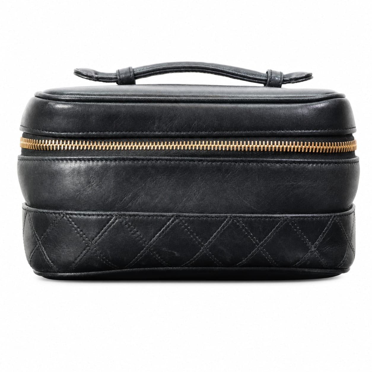 Chanel Black Leather Quilted Vanity Case Cosmetic Bag Handbag Gold Hardware handbags auction on bidia.ai