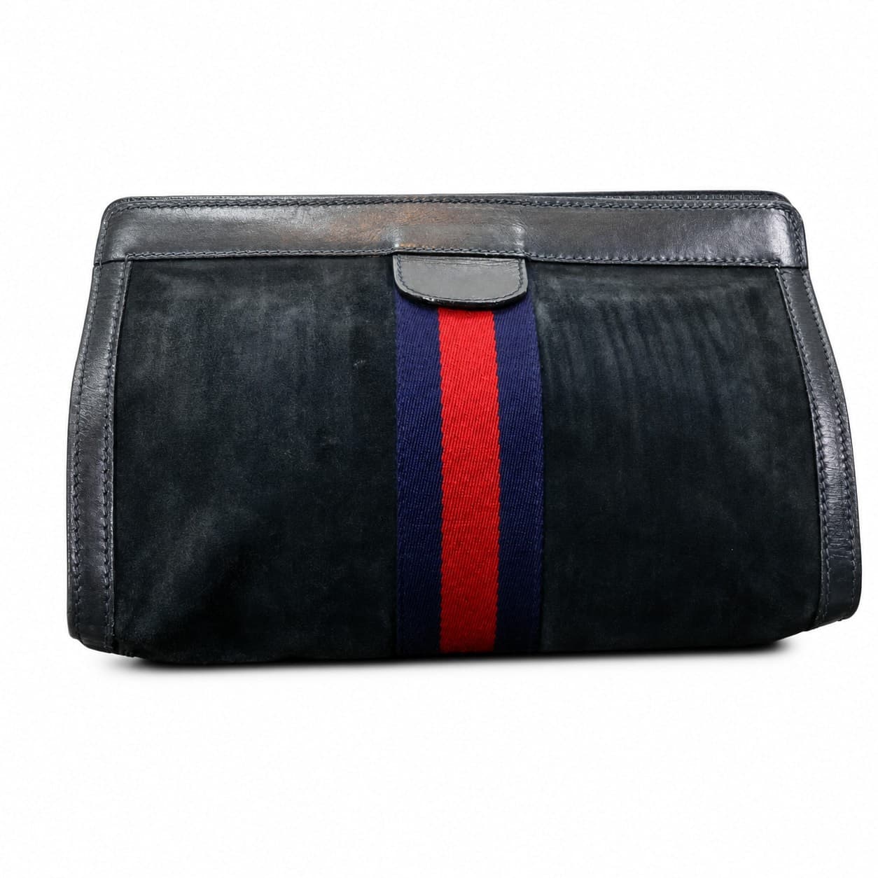 Gucci Luxury Collection Suede Leather Web Stripe Clutch Handbag Purse Bag Black handbags auction on bidia.ai