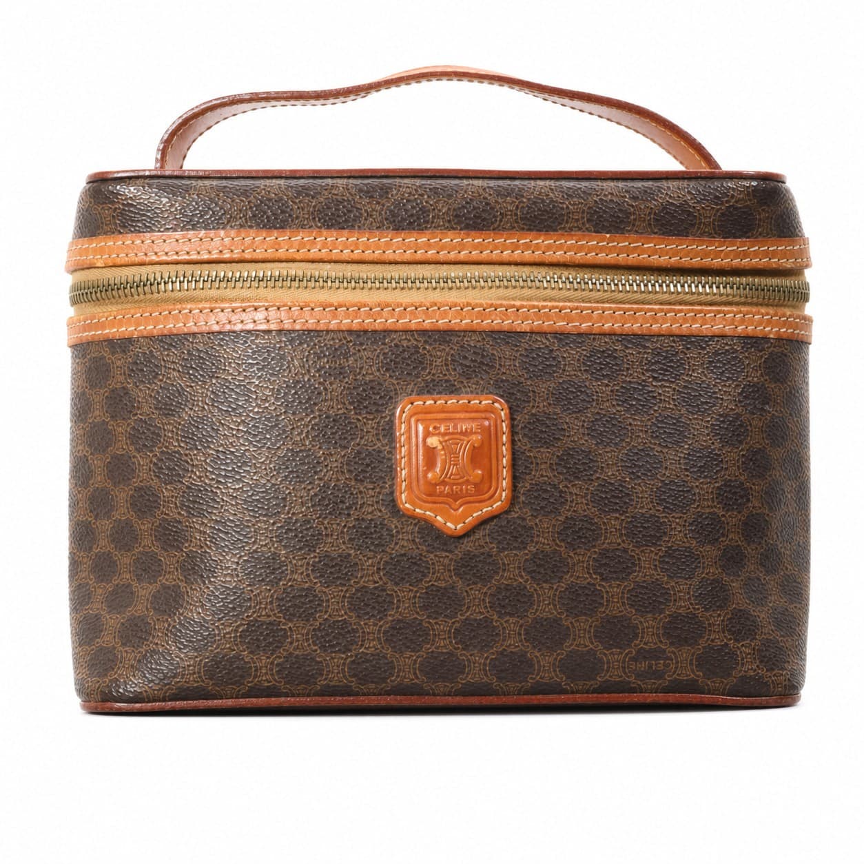 Céline Macadam Vanity Case Cosmetic Bag Handbag Purse Brown Coated Canvas Leather handbags auction on bidia.ai