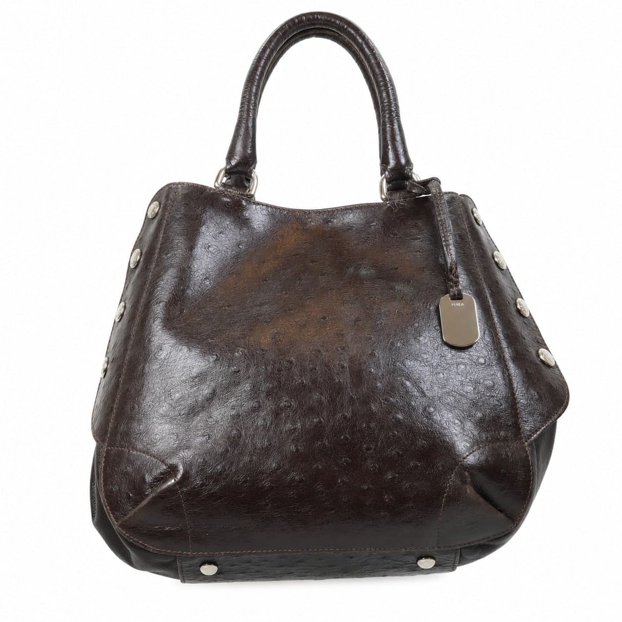 Furla Ostrich Embossed Leather Brown Shoulder Bag Handbag Purse Satchel handbags auction on bidia.ai