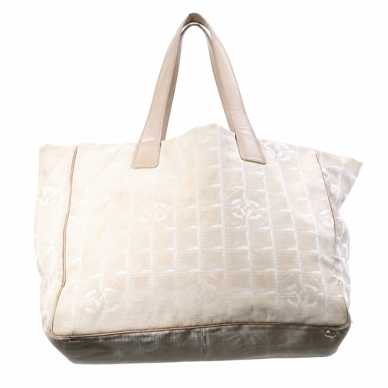 Chanel New Travel Line Jacquard Nylon Tote Bag Handbag Purse Beige handbags auction on bidia.ai