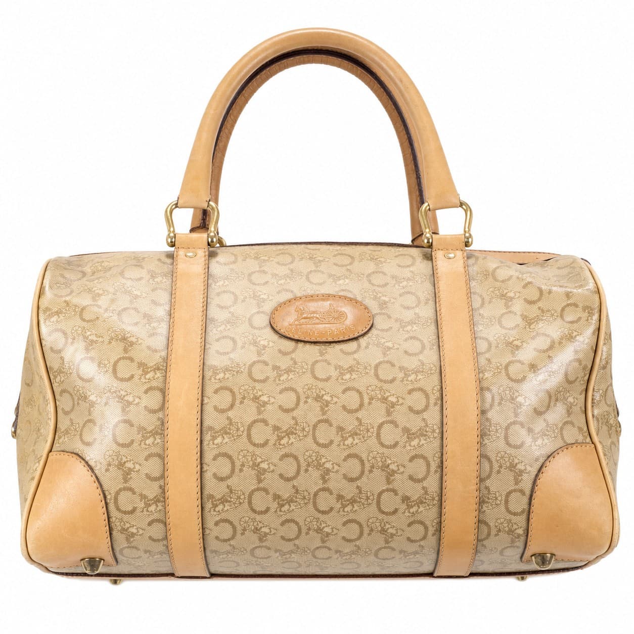 Céline Macadam Canvas Leather Boston Bag Barrel Satchel Handbag Brown handbags auction on bidia.ai