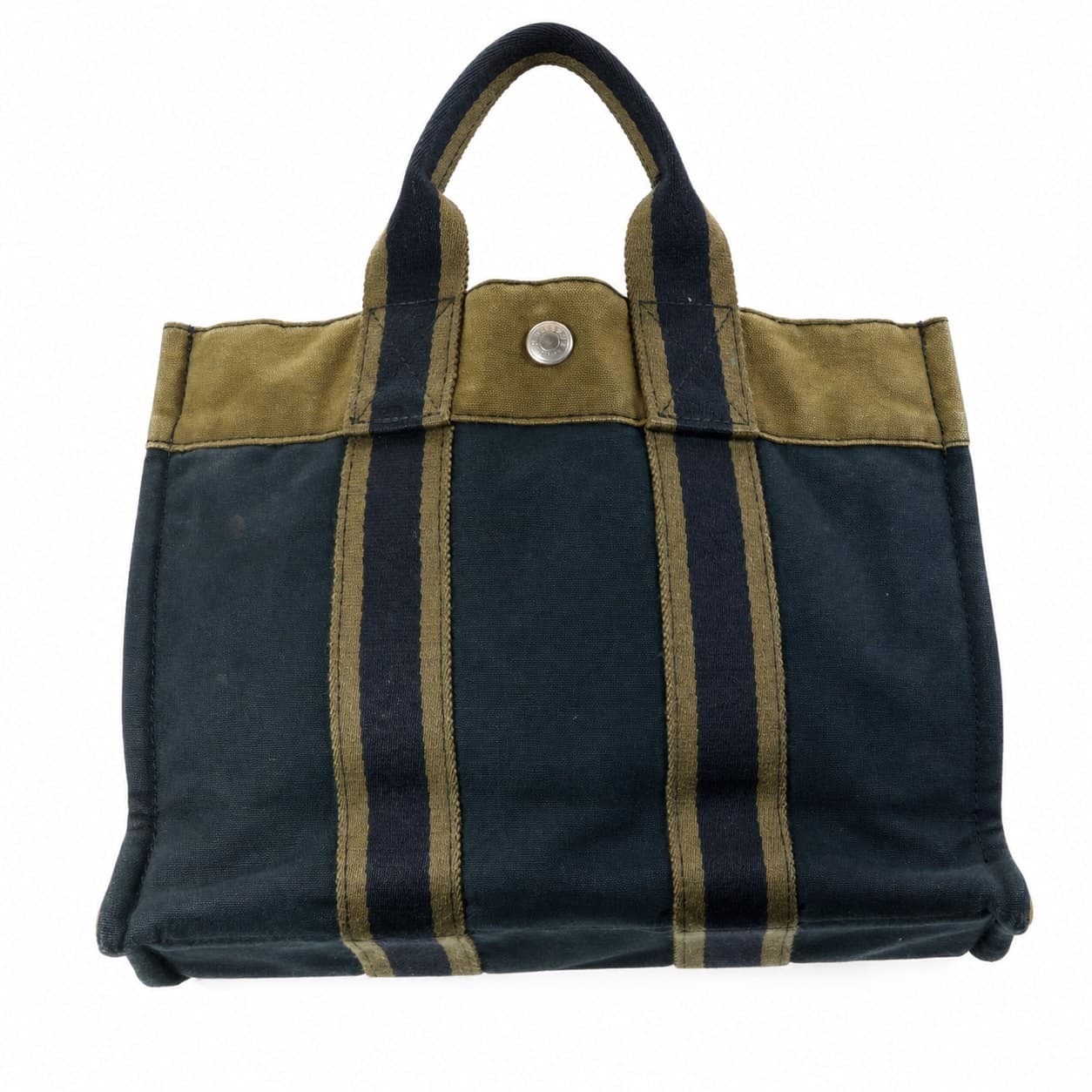 Hermès Fourre Tout PM Canvas Tote Handbag Purse Bag Navy Olive Green Striped handbags auction on bidia.ai