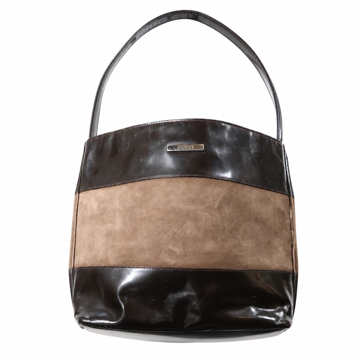 Gucci Patent Leather Suede Shoulder Bag Handbag Purse Brown Black handbags auction on bidia.ai