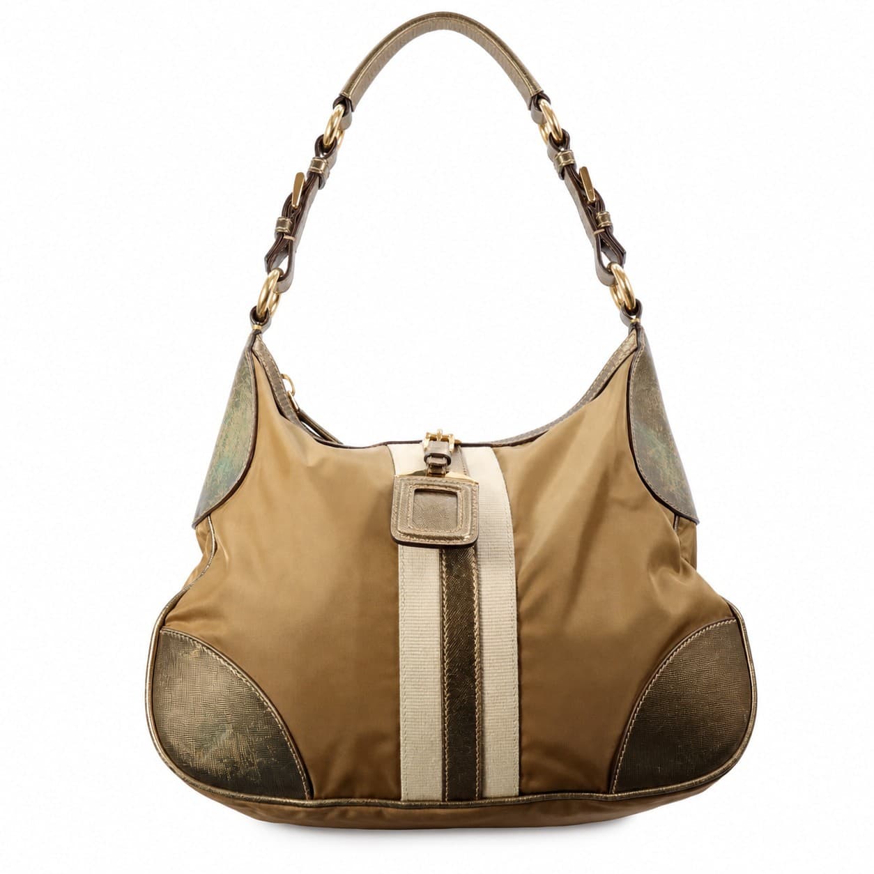 Prada Tessuto Nylon Saffiano Leather Hobo Shoulder Bag Handbag Purse Tan Gold handbags auction on bidia.ai