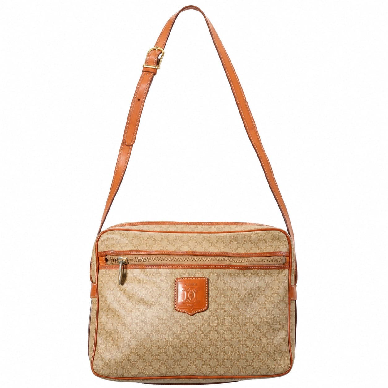 Céline Macadam Monogram Canvas Crossbody Shoulder Bag Handbag Purse Beige Tan Leather handbags auction on bidia.ai