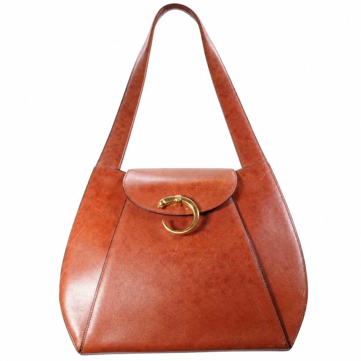 Cartier Cognac Tan Leather Shoulder Bag Handbag Purse Gold C Clasp handbags auction on bidia.ai