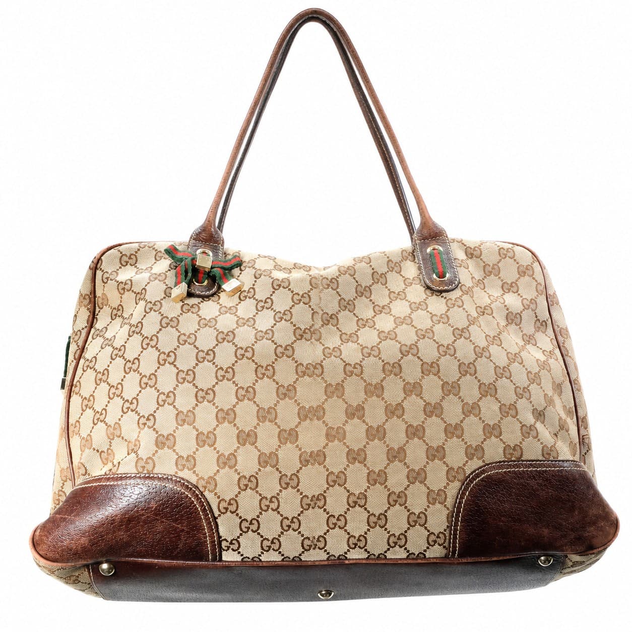 Gucci GG Canvas Dome Satchel Shoulder Bag Handbag Brown Leather Trim Web handbags auction on bidia.ai