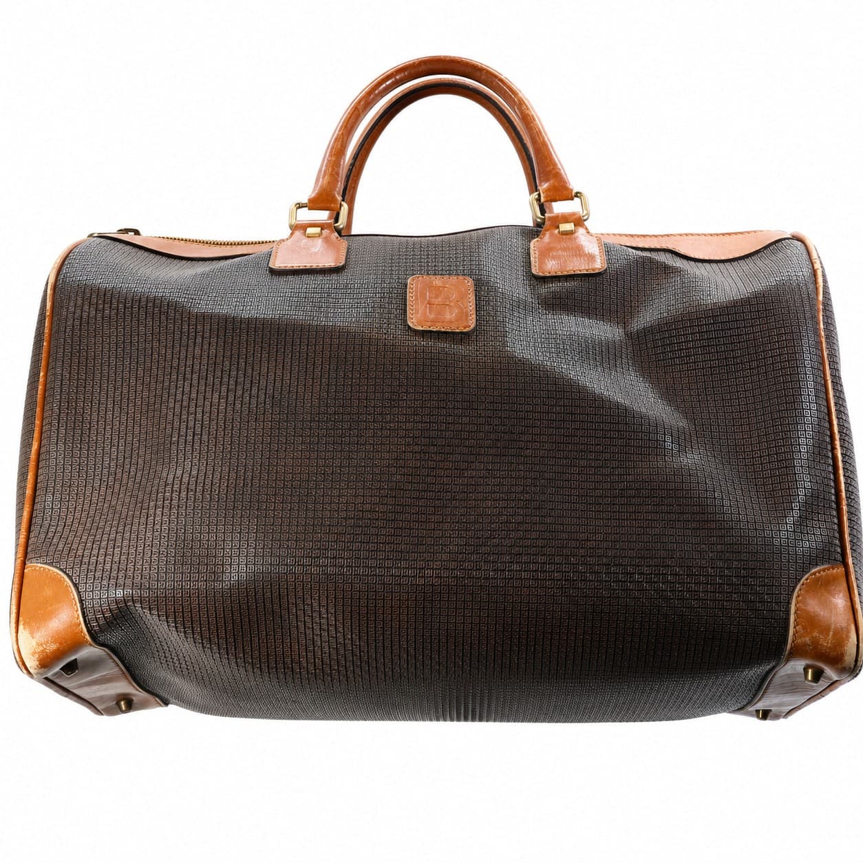 Bally Monogram Wheeled Duffel Travel Bag Brown Leather Trim Rolling Luggage handbags auction on bidia.ai