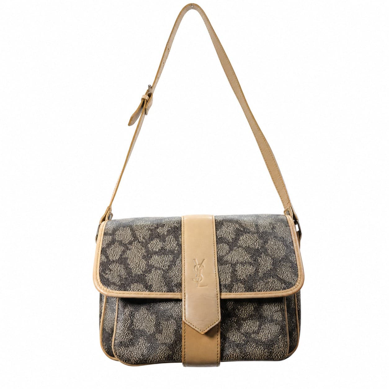 Yves Saint Laurent Vintage Leather Trim Shoulder Bag Crossbody Handbag Purse Beige handbags auction on bidia.ai