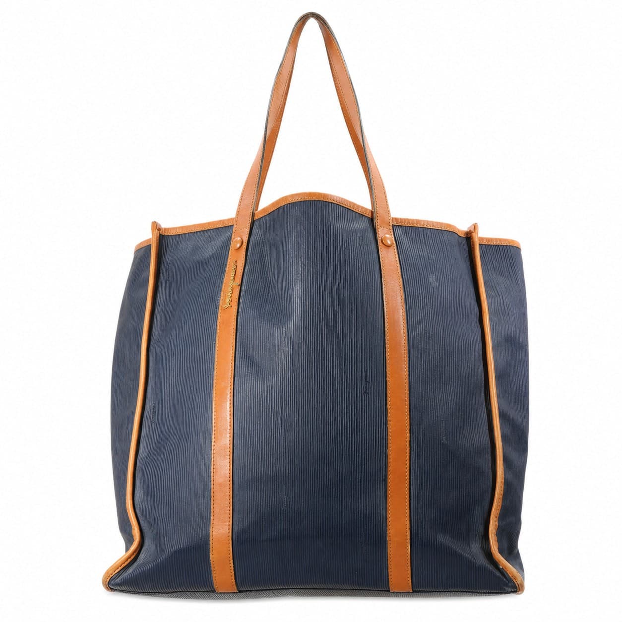 Salvatore Ferragamo Navy Ribbed Fabric Leather Trim Tote Bag Handbag Purse handbags auction on bidia.ai