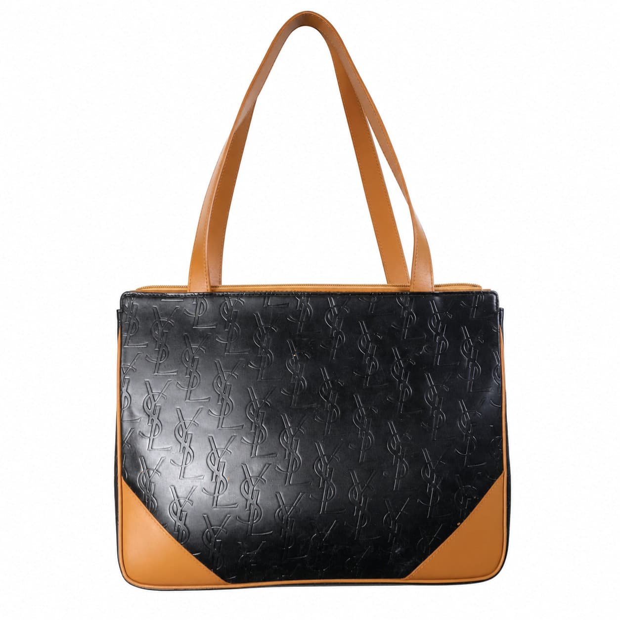 Yves Saint Laurent Embossed Logo Leather Tote Handbag Purse Bag Black Tan handbags auction on bidia.ai