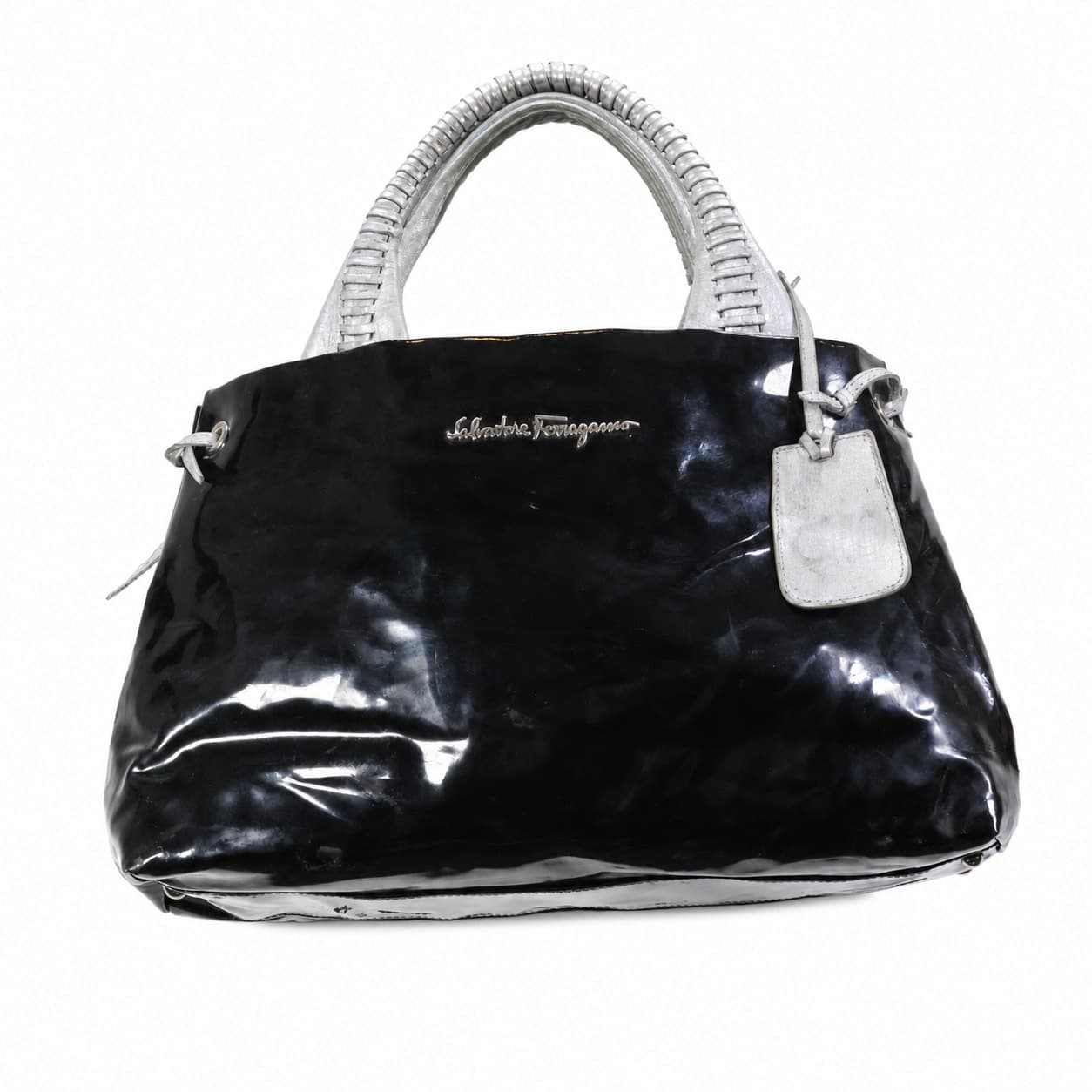 Salvatore Ferragamo Wanda Black Patent Leather Handbag Purse Bag Silver Top Handle handbags auction on bidia.ai