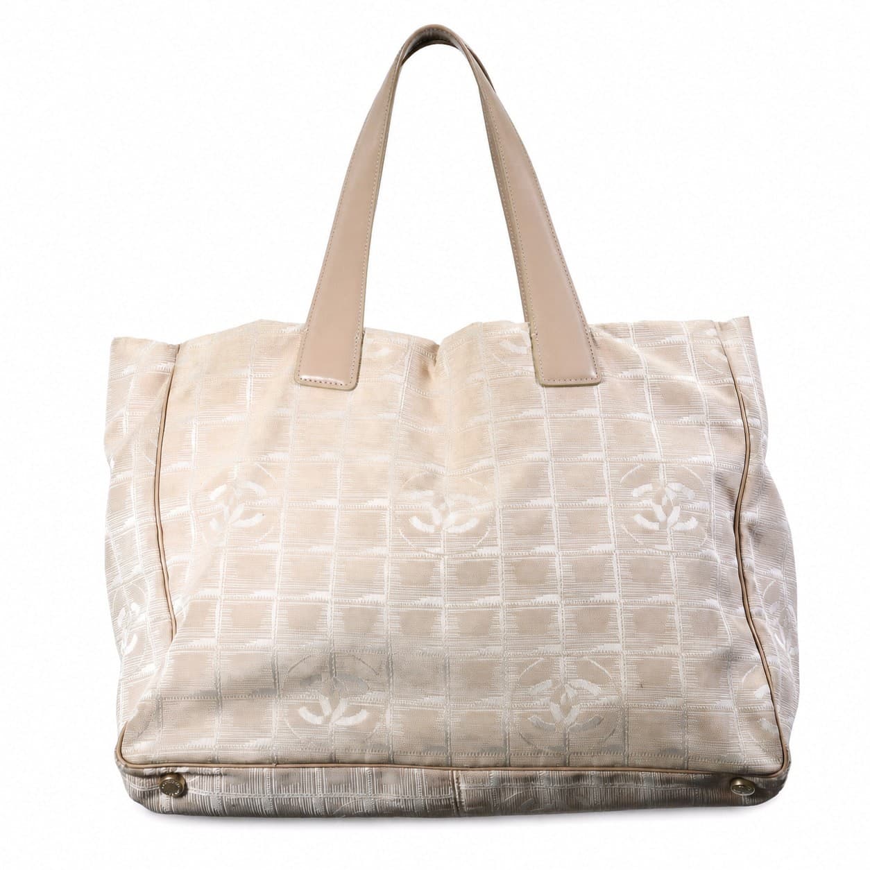 Chanel Travel Line Jacquard CC Logo Tote Handbag Purse Bag Beige Leather handbags auction on bidia.ai