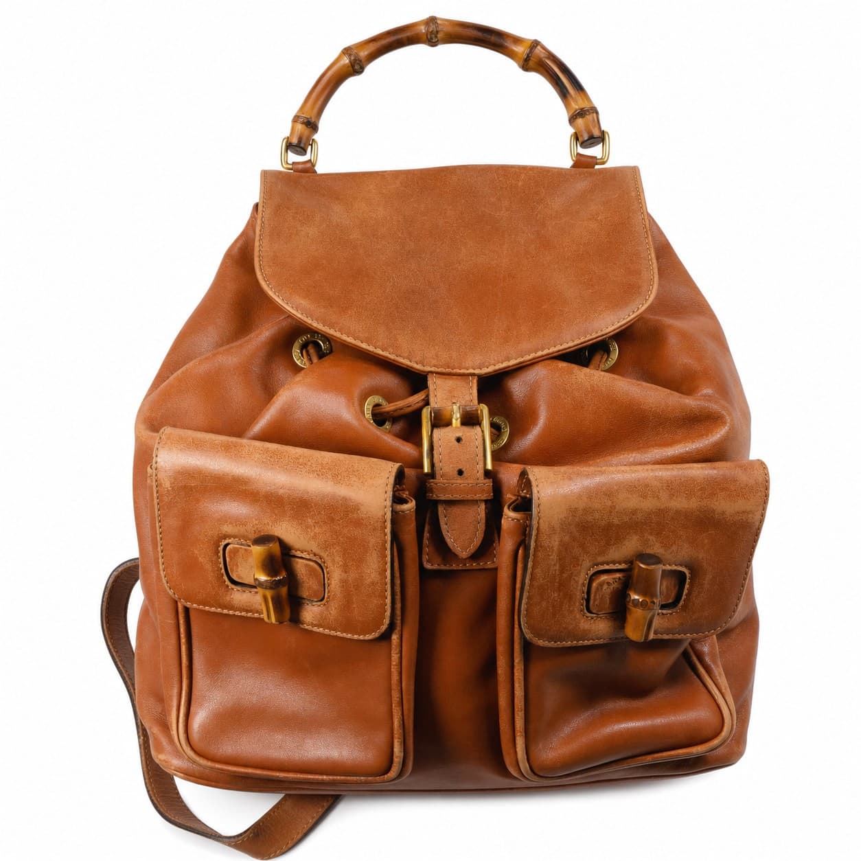 Gucci Bamboo Leather Backpack Bag Purse Brown Tan Gold Hardware handbags auction on bidia.ai