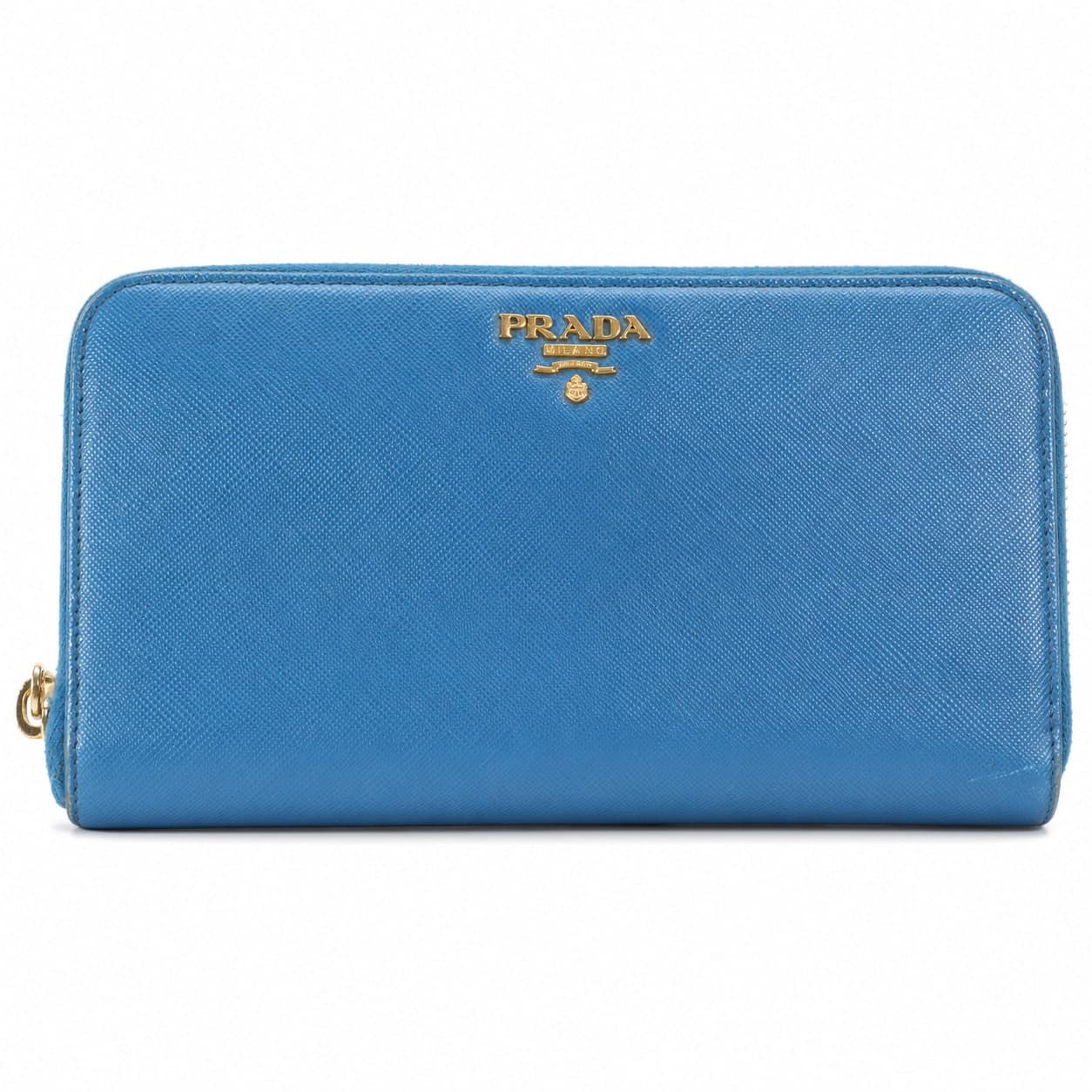 Prada Saffiano Metal Leather Zip Around Wallet Cobalto Blue Gold Hardware 1M0506 handbags auction on bidia.ai