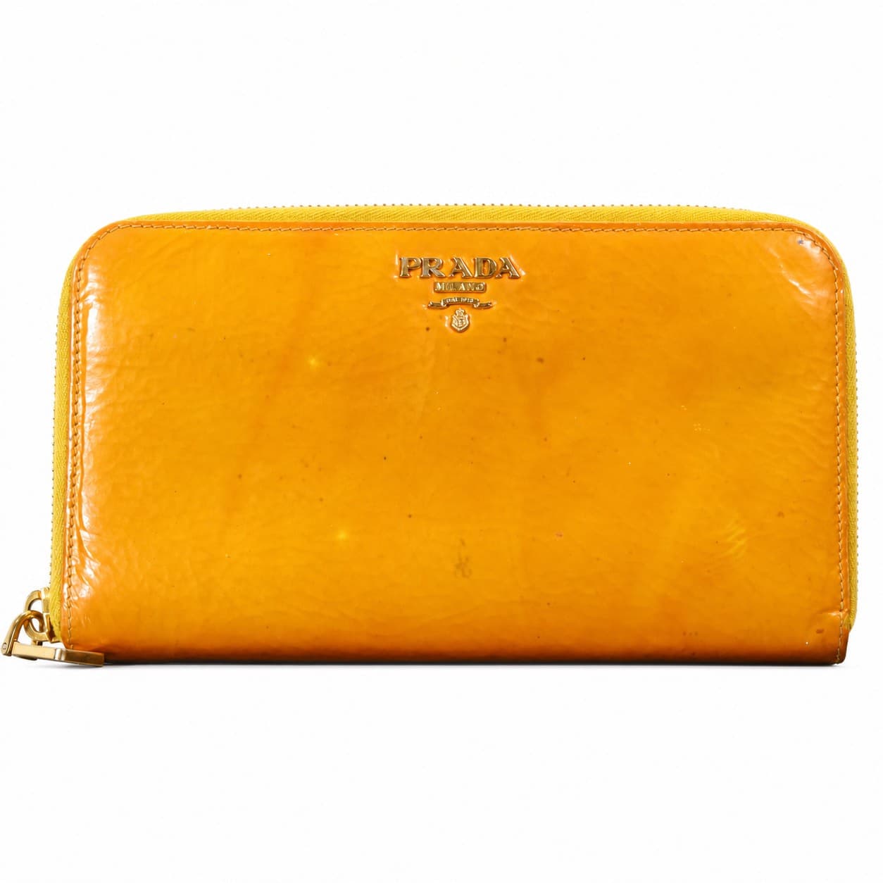 Prada Saffiano Vernice Patent Leather Zip Around Wallet Orange Gold Hardware handbags auction on bidia.ai