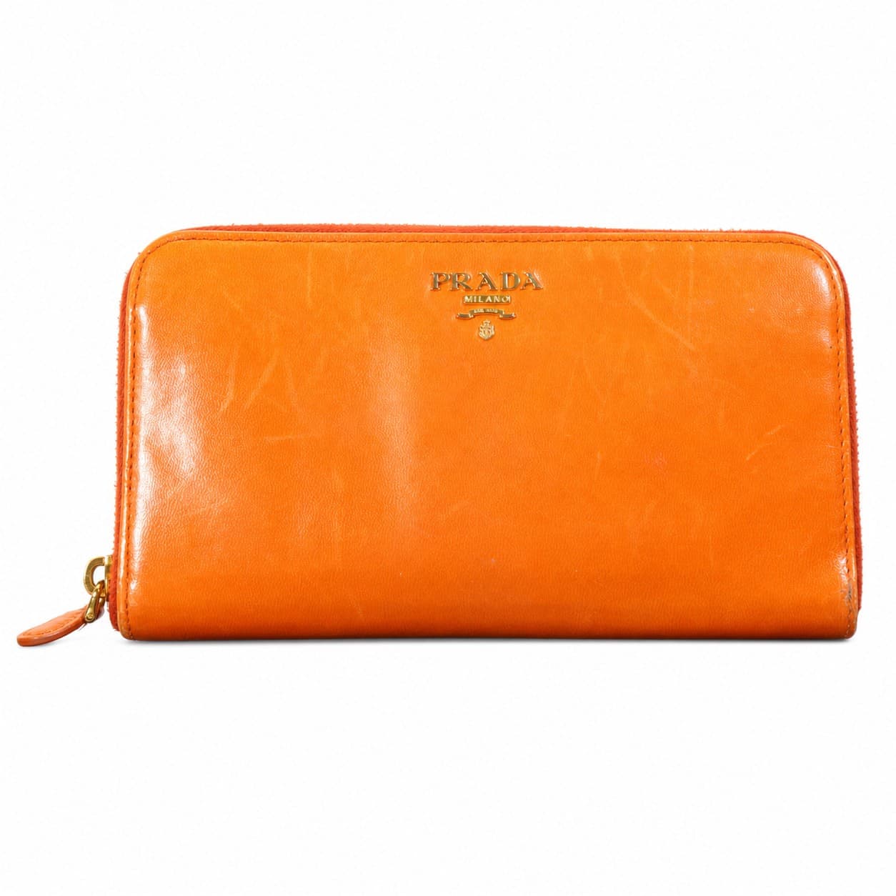 Prada Orange Patent Leather Zip Around Continental Wallet handbags auction on bidia.ai