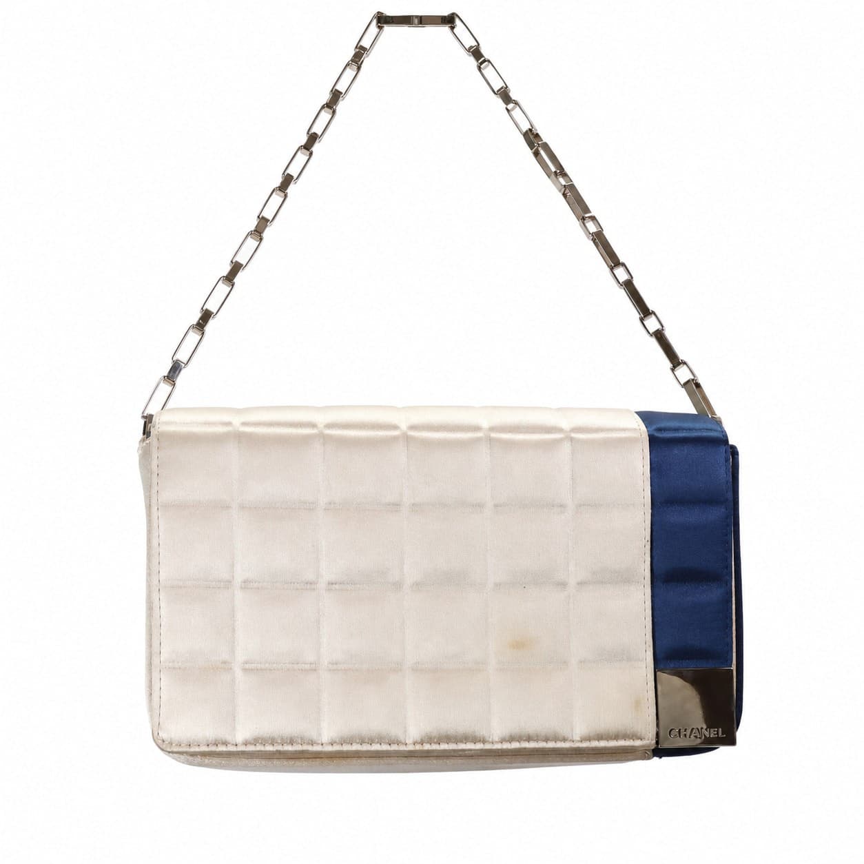 Chanel Chocolate Bar Quilted Satin Bicolor Shoulder Bag Handbag Purse Ivory Navy handbags auction on bidia.ai