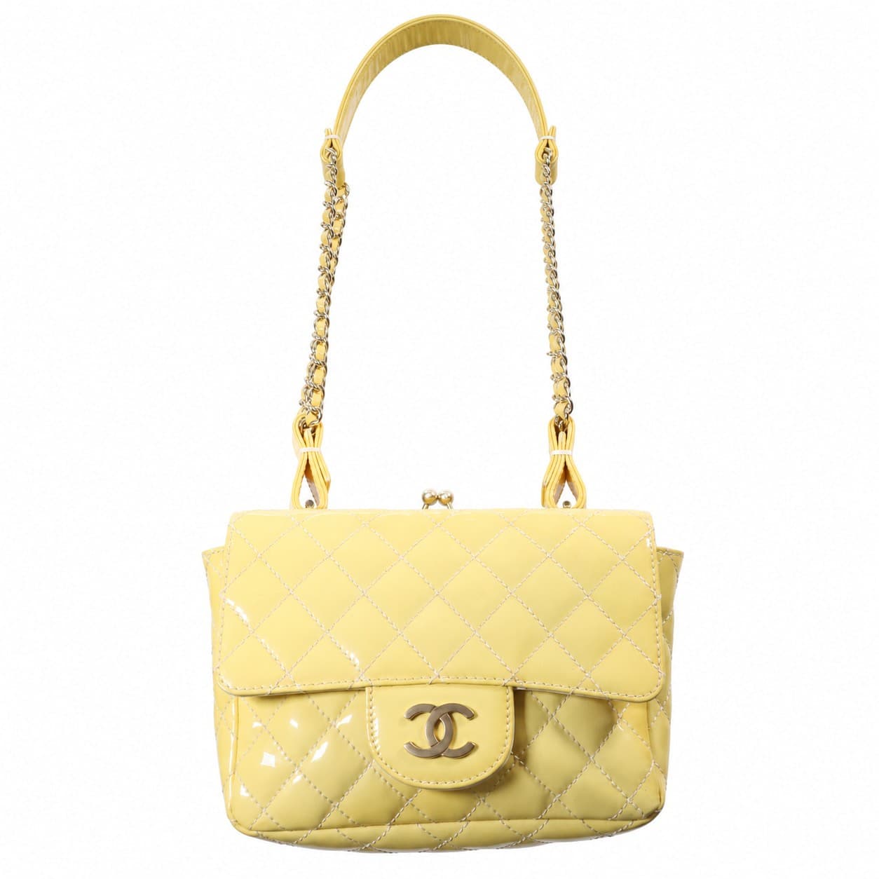 Chanel Yellow Patent Leather Lace Kiss-Lock Frame Shoulder Bag Handbag Purse handbags auction on bidia.ai