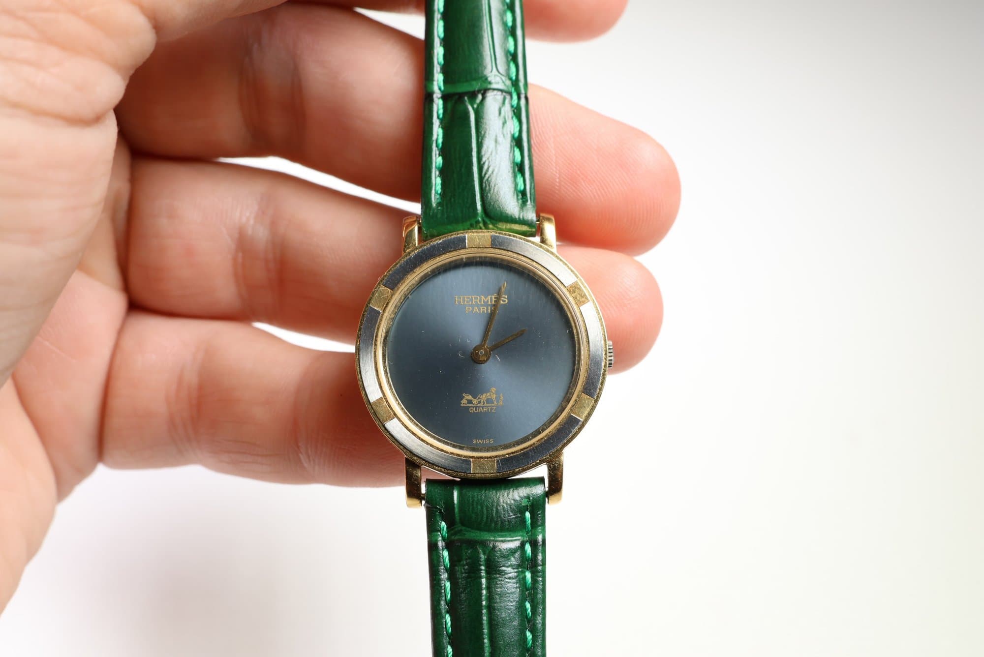 Hermes Paris Vintage Ladies Quartz Watch, Blue Dial, Gold-Plated Two-Tone Bezel, Swiss Made watches auction on bidia.ai