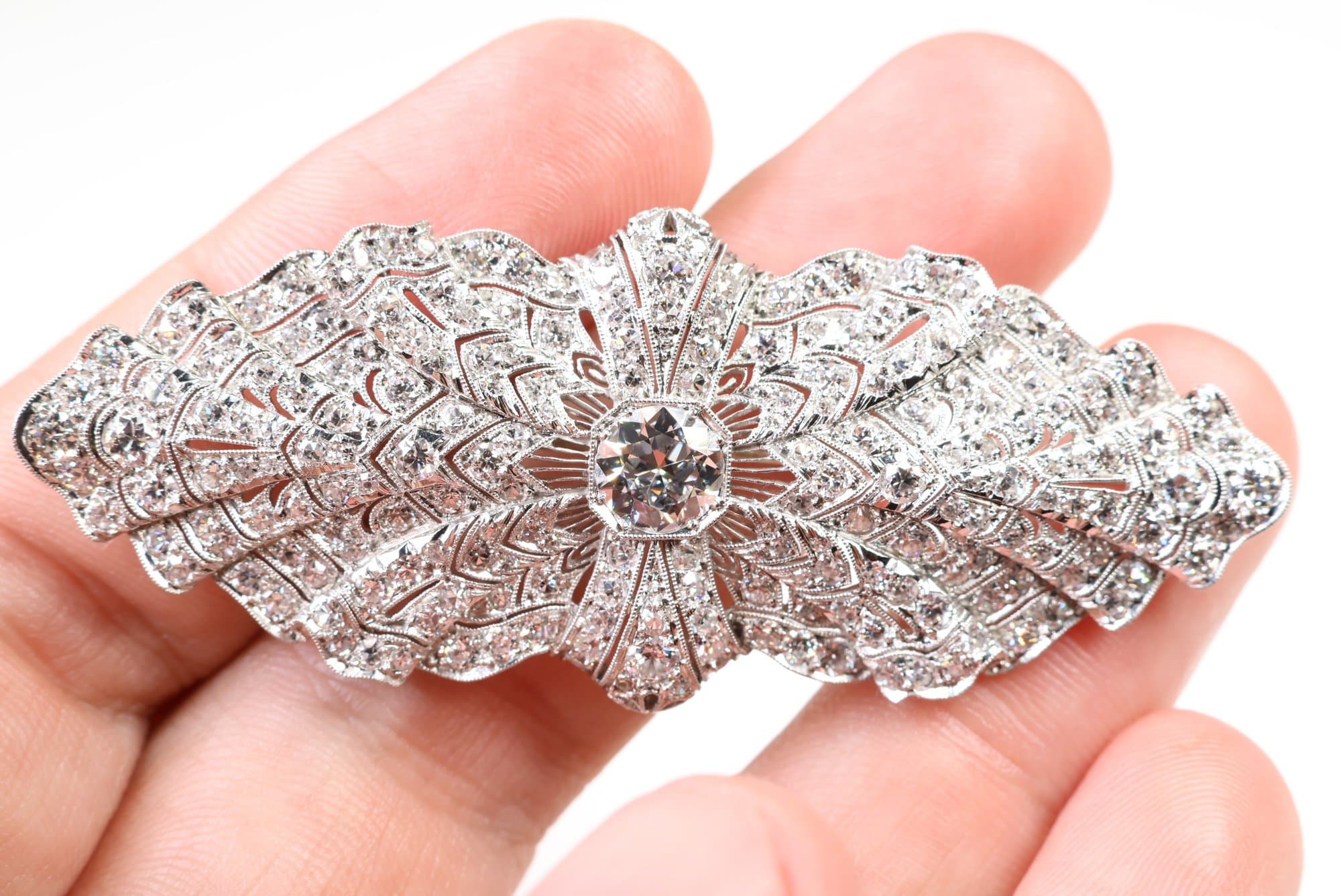 Platinum, Old Euro Cut Diamond Brooch Pin 4.50ctw, Gemstone Jewelry Diamonds jewelry auction on bidia.ai