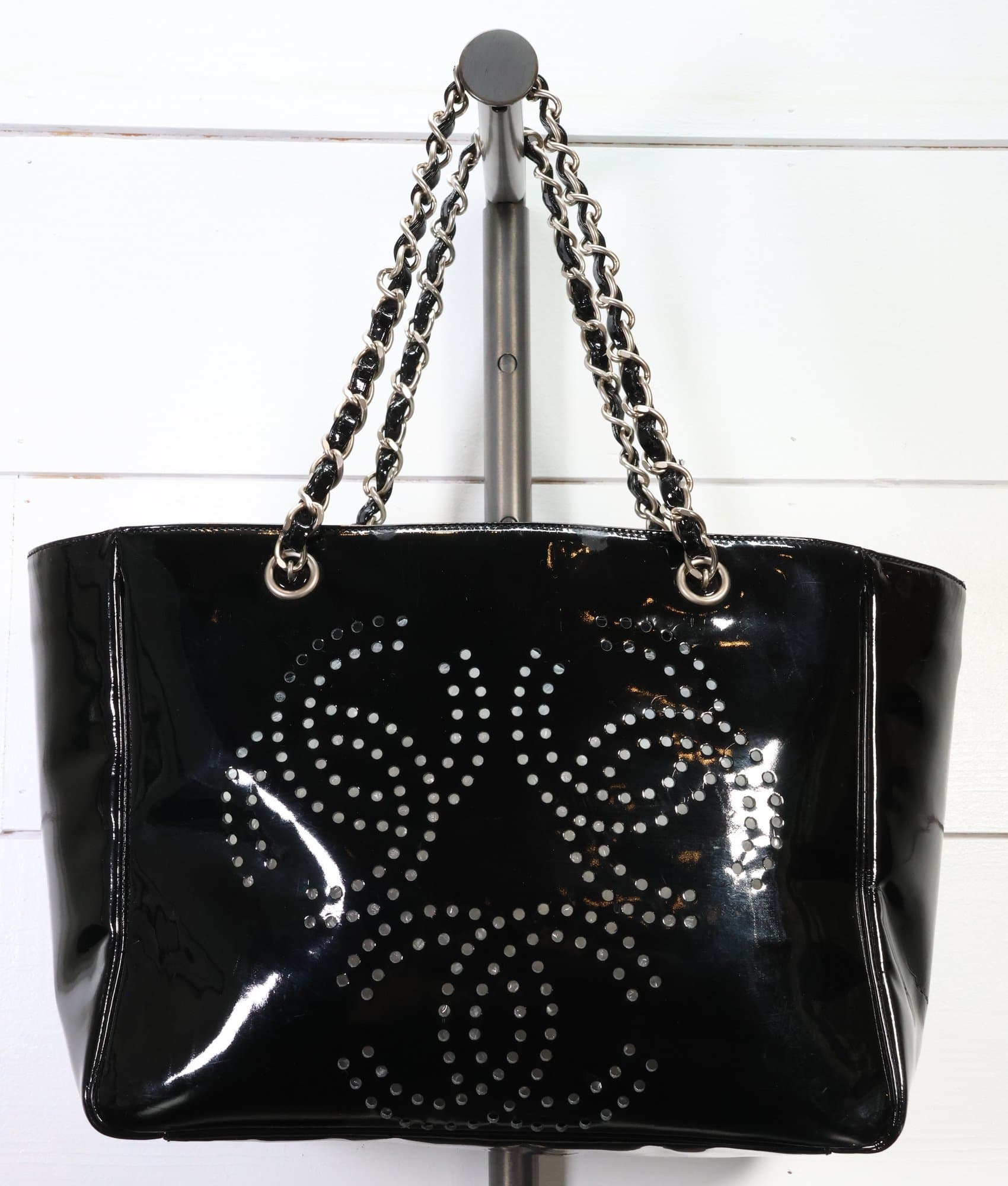Chanel Triple Coco Punching Logo Enamel Chain Tote Bag Black Patent Leather Purse Handbag handbags auction on bidia.ai