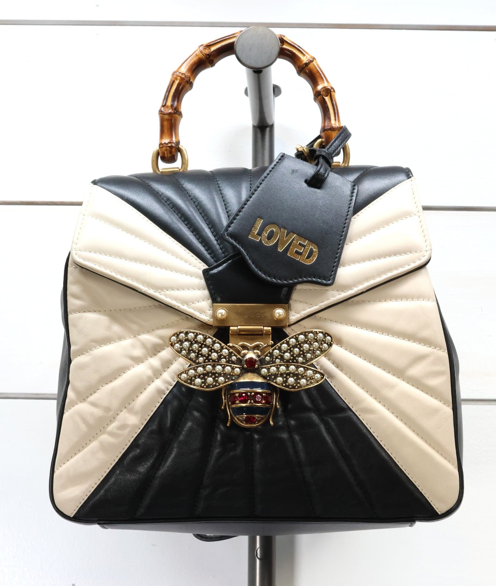 GUCCI Bamboo Trapuntata Queen Margaret Top Handle Bag Backpack Black And White Leather Purse handbags auction on bidia.ai
