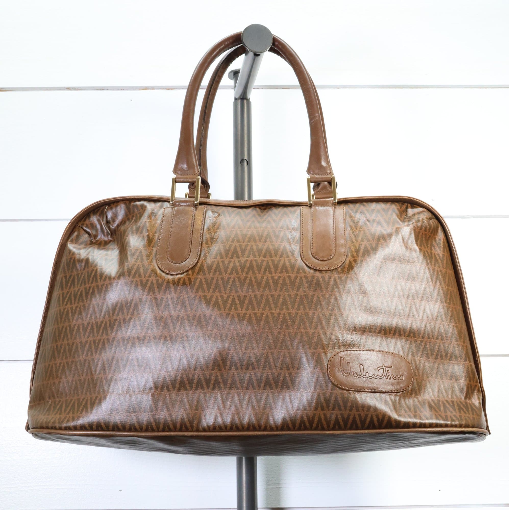 Mario Valentino Vintage Monogram Boston Bag Brown PVC Leather Trim Gold Hardware handbags auction on bidia.ai