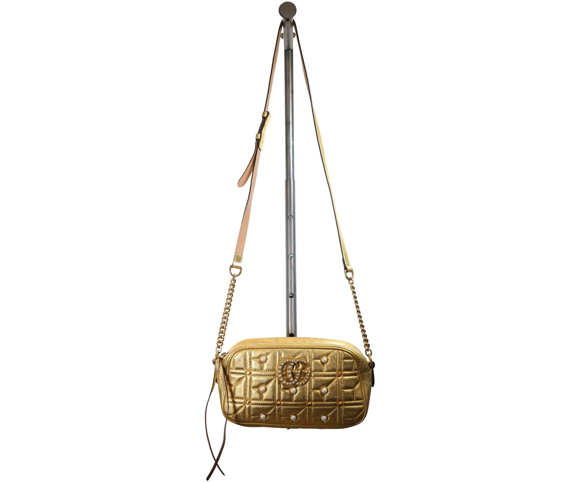 Gucci GG Marmont Small Matelasse Quilted Metallic Gold Leather Pearls Studs Crossbody Bag Purse handbags auction on bidia.ai