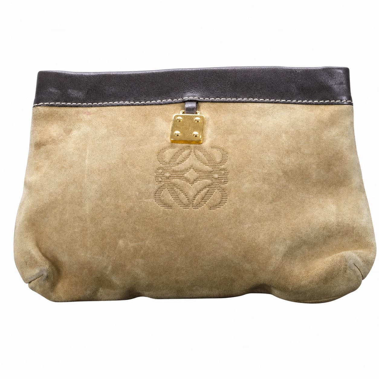 Loewe Anagram Suede Leather Frame Clutch Handbag Purse Bag Beige Brown Gold Hardware handbags auction on bidia.ai