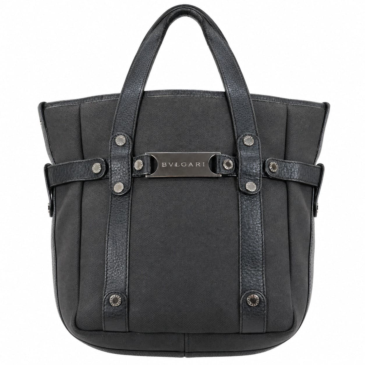 Bulgari Black Canvas Leather Tote Handbag Purse Bag Top Handle handbags auction on bidia.ai