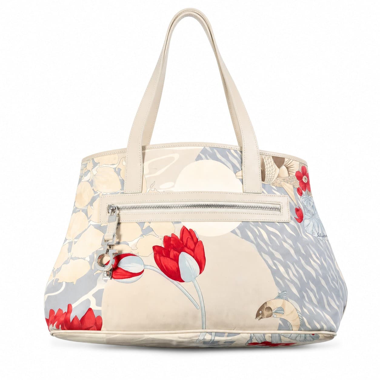 Salvatore Ferragamo Koi Fish Lotus Floral Print Canvas Leather Shoulder Bag Handbag Purse handbags auction on bidia.ai