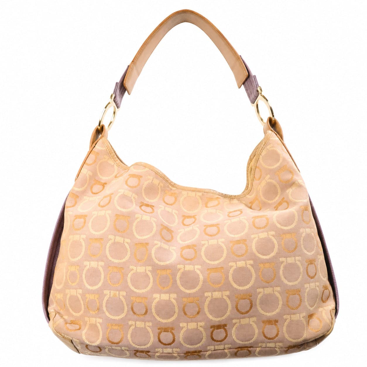 Salvatore Ferragamo Gancini Canvas Leather Hobo Shoulder Bag Purse Beige handbags auction on bidia.ai