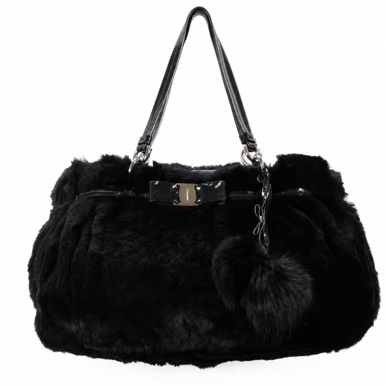 Salvatore Ferragamo Black Fur Patent Leather Shoulder Bag Handbag Purse handbags auction on bidia.ai