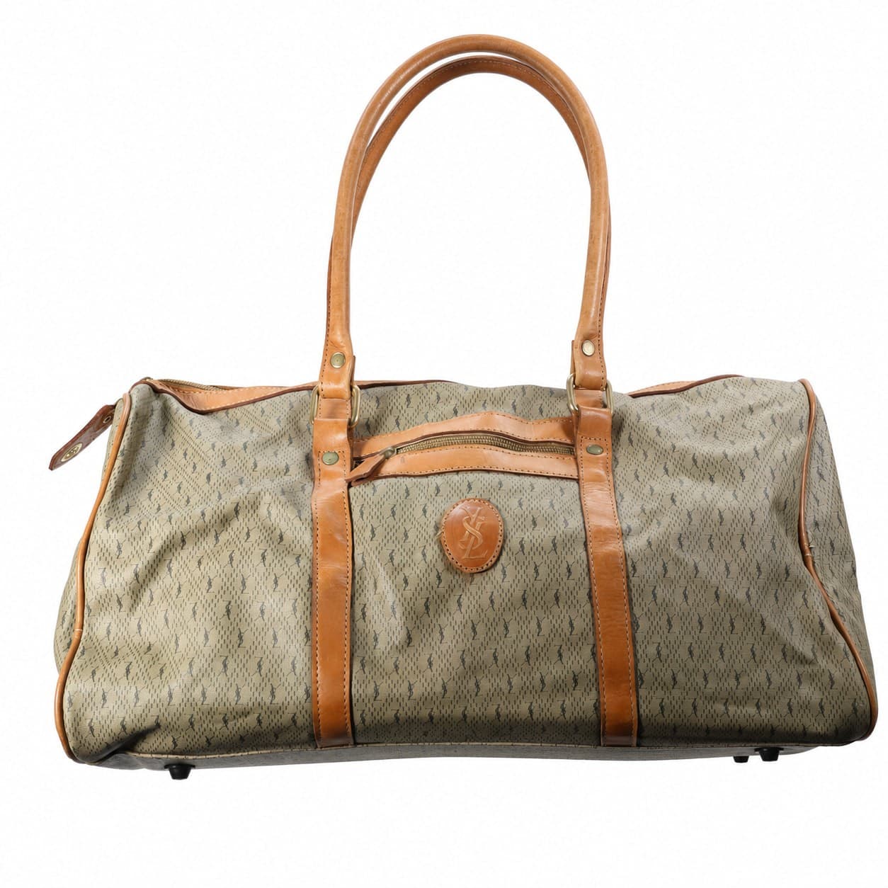 Yves Saint Laurent Monogram Canvas Leather Trim Duffle Bag Barrel Handbag Tan handbags auction on bidia.ai