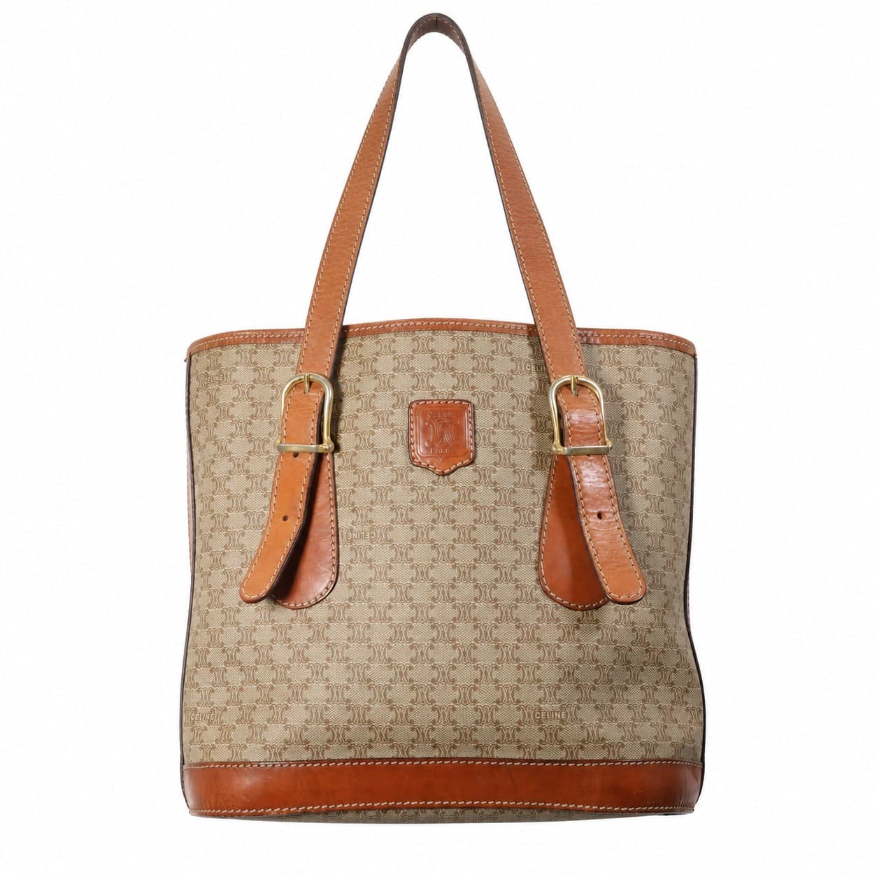 Celine Macadam Monogram Canvas Leather Tote Bag Shoulder Bag Handbag Beige Brown handbags auction on bidia.ai