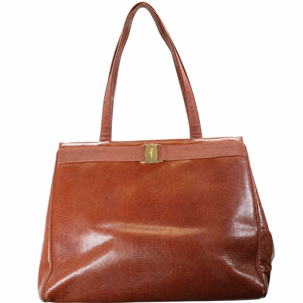 Salvatore Ferragamo Lizard Leather Vara Bow Shoulder Bag Handbag Purse Tote Brown handbags auction on bidia.ai