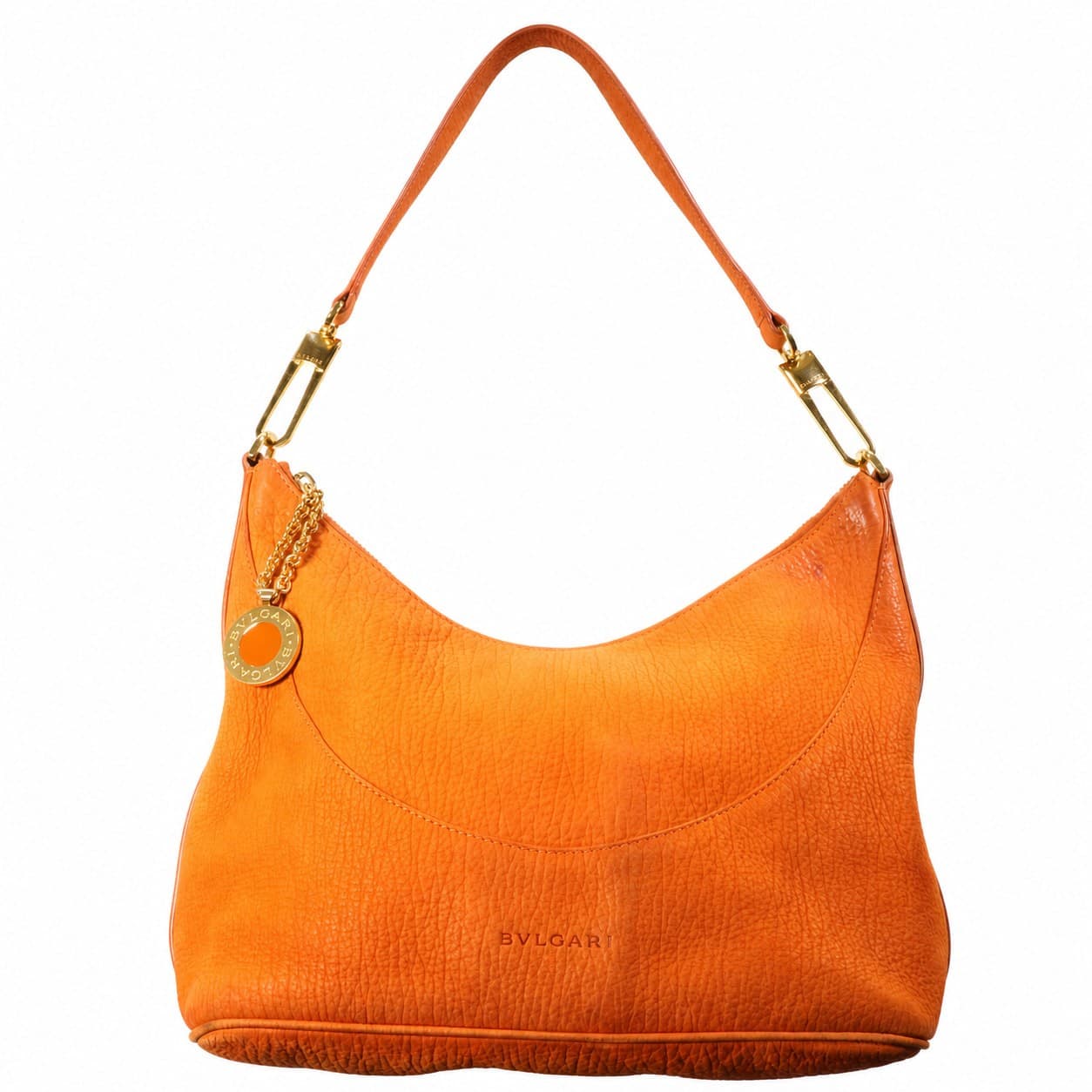 Bvlgari Orange Pebbled Leather Hobo Shoulder Bag Handbag Purse Gold Hardware handbags auction on bidia.ai