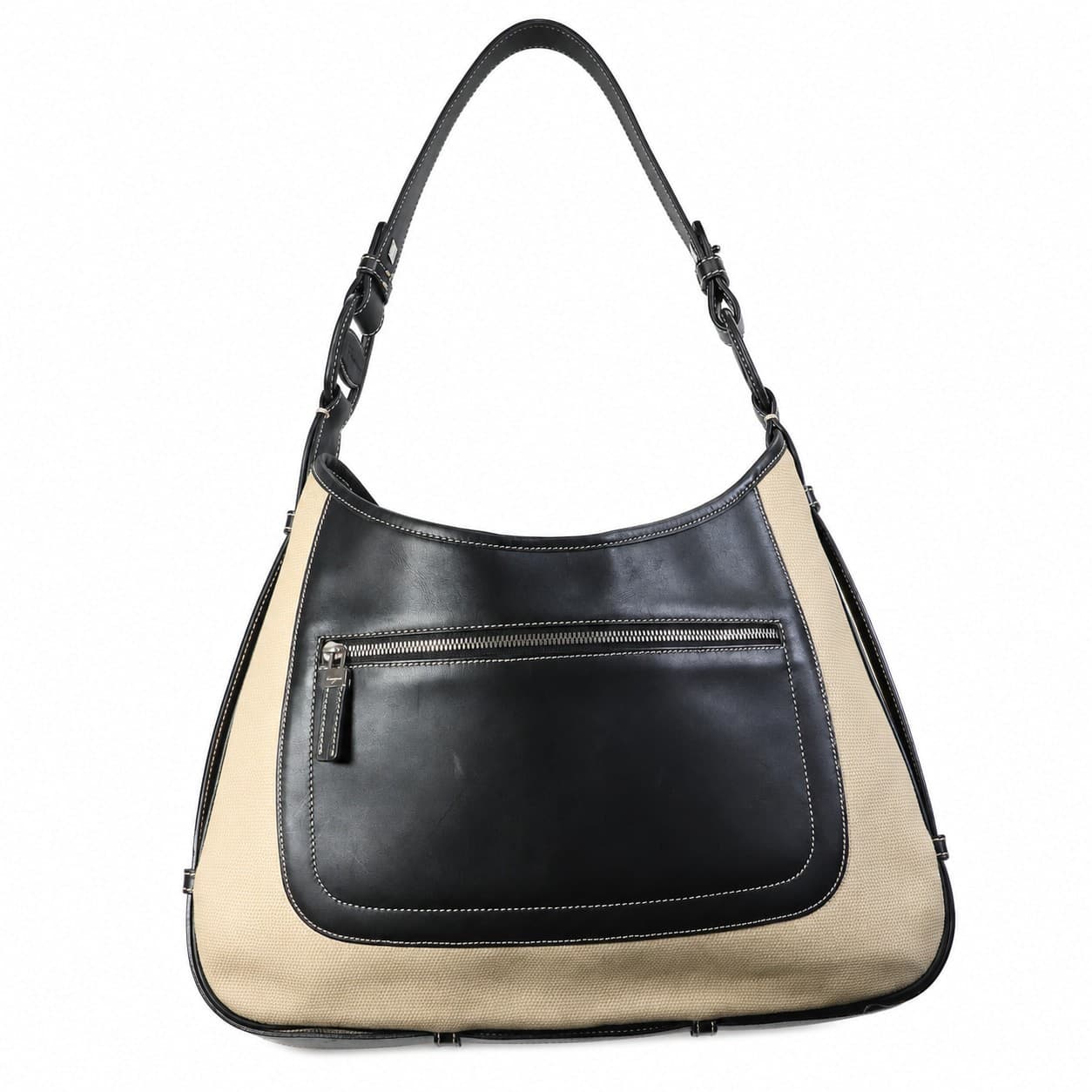 Salvatore Ferragamo Canvas Leather Hobo Shoulder Bag Beige Black Handbag Purse handbags auction on bidia.ai