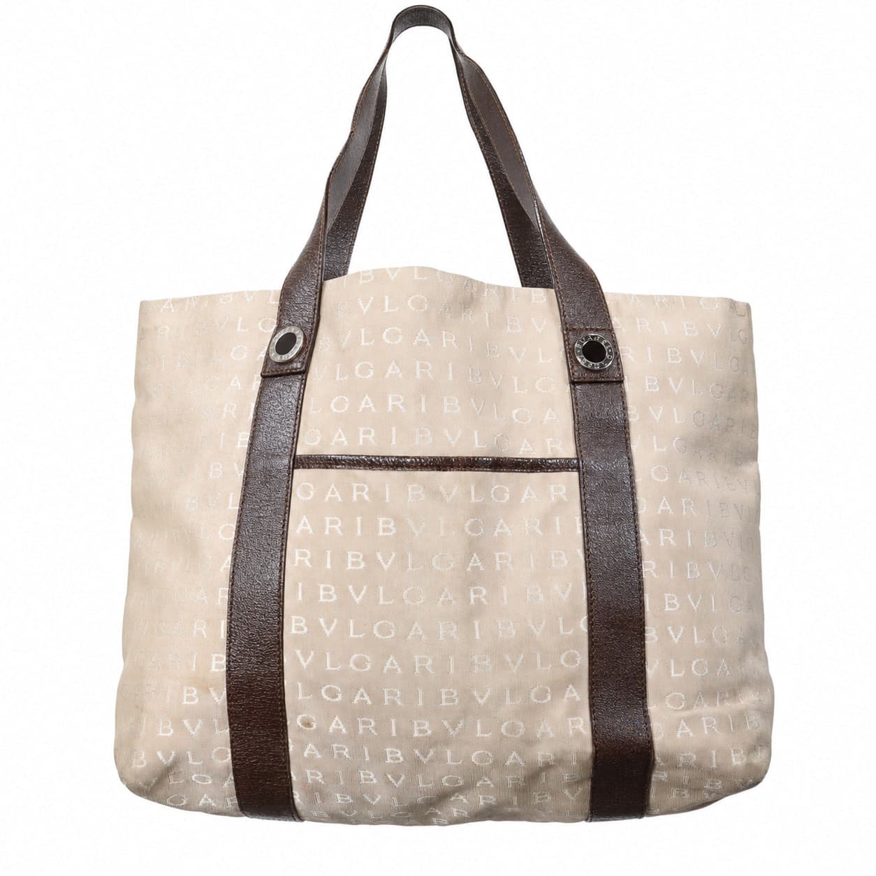 Bvlgari Logomania Canvas Leather Tote Shoulder Bag Handbag Beige Brown handbags auction on bidia.ai
