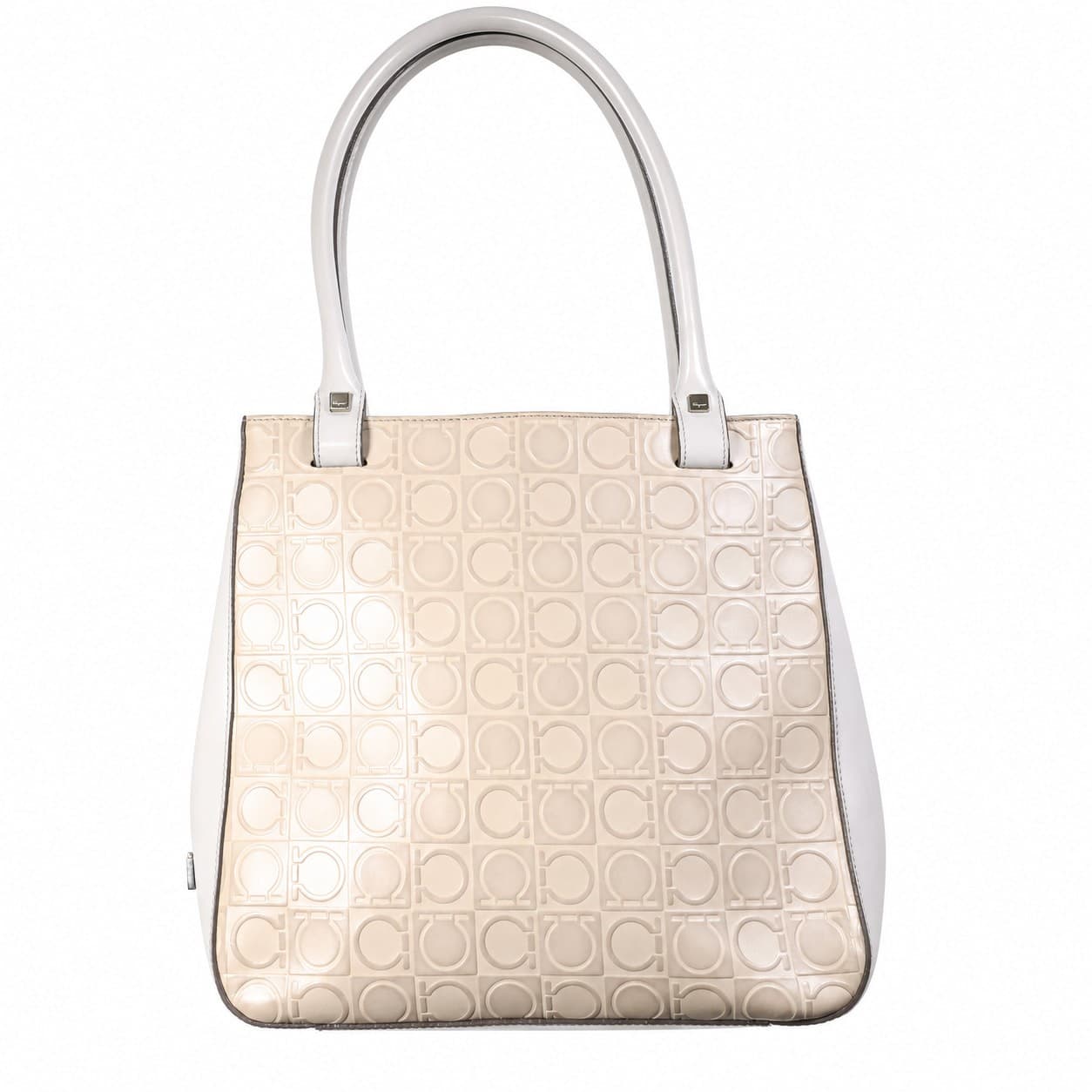 Salvatore Ferragamo Gancini Embossed Leather Tote Handbag Purse Bag White Beige handbags auction on bidia.ai