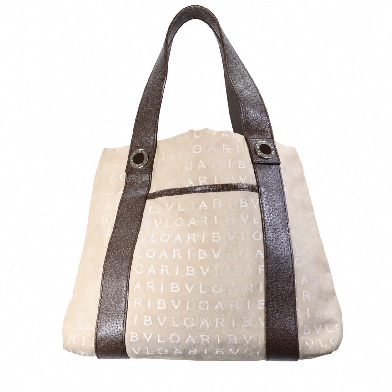 Bvlgari Logomania Canvas Leather Shoulder Bag Tote Handbag Purse Beige Brown handbags auction on bidia.ai