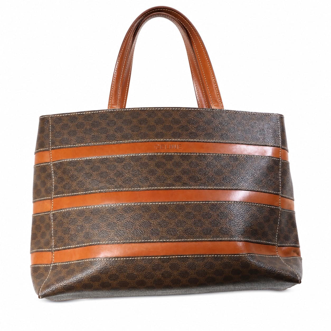 Celine Macadam Striped Leather Canvas Tote Bag Handbag Purse Brown handbags auction on bidia.ai