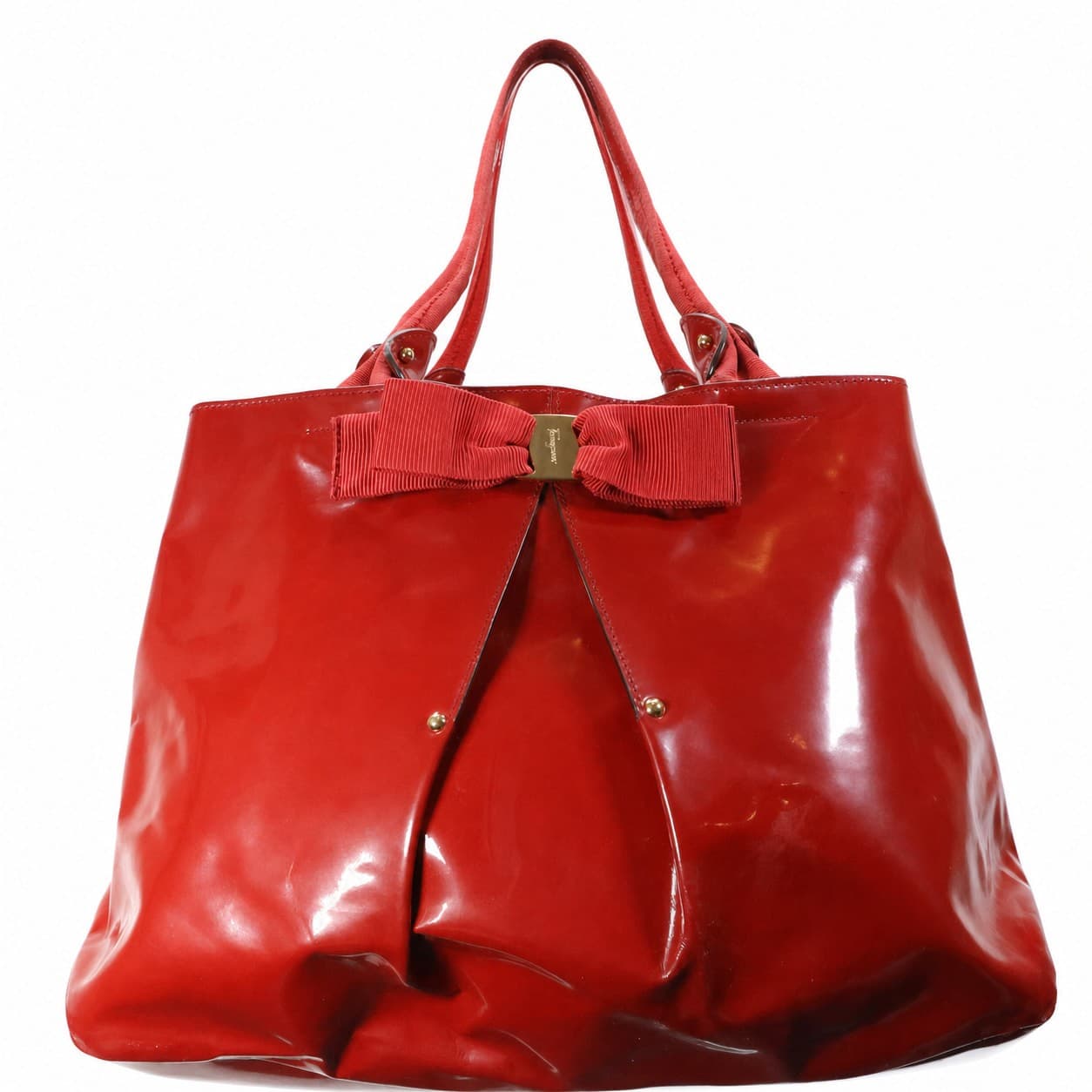 Salvatore Ferragamo Patent Leather Grosgrain Bow Tote Handbag Purse Red handbags auction on bidia.ai