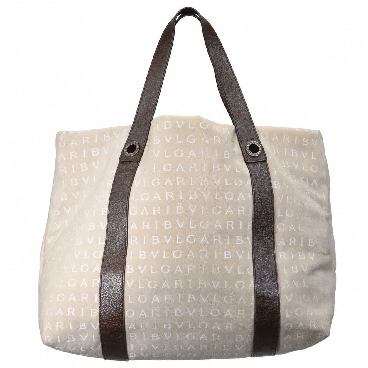 Bvlgari Logomania Canvas Leather Tote Bag Handbag Shoulder Bag Beige Brown handbags auction on bidia.ai