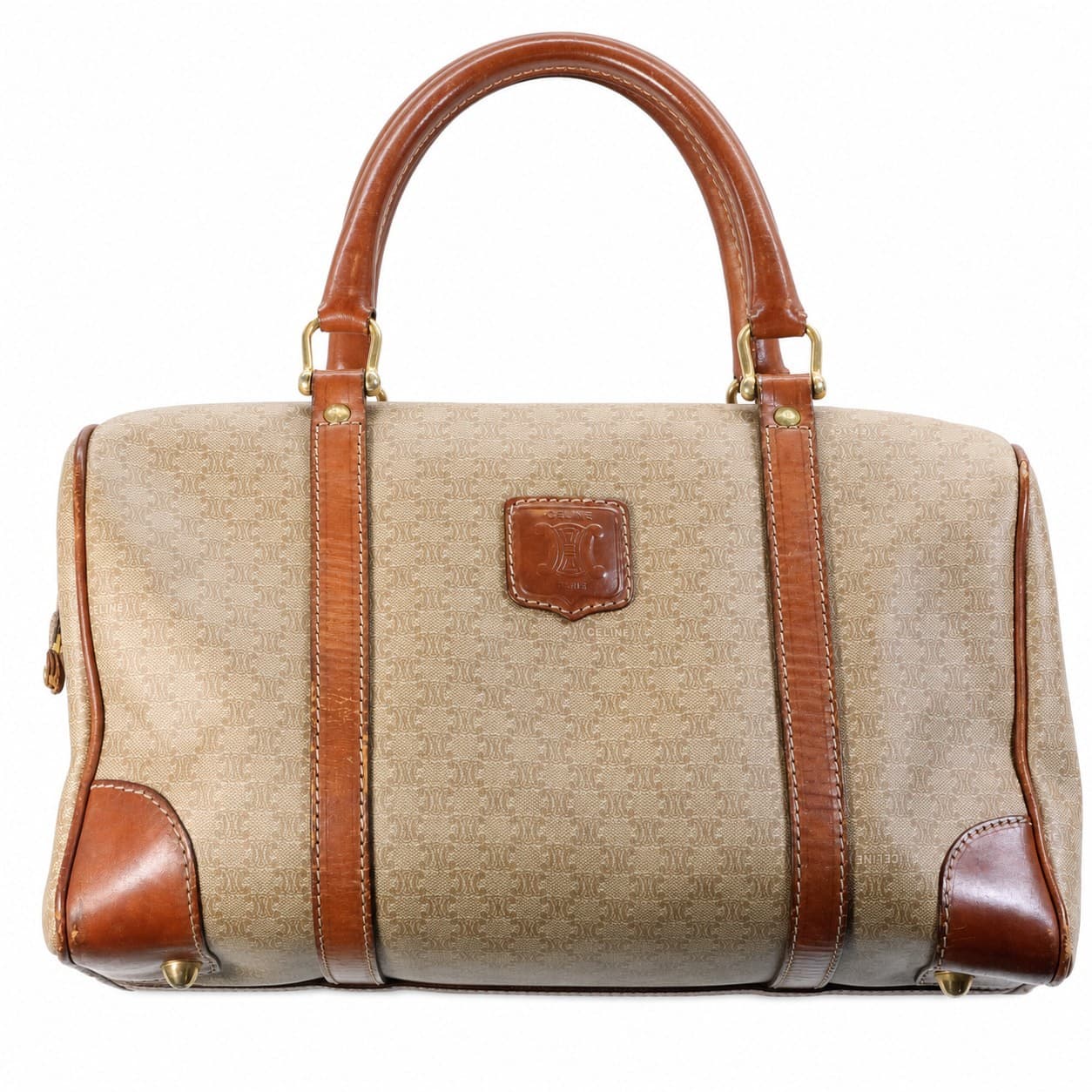 Celine Macadam Canvas Leather Boston Bag Handbag Purse Top Handle Beige Brown handbags auction on bidia.ai