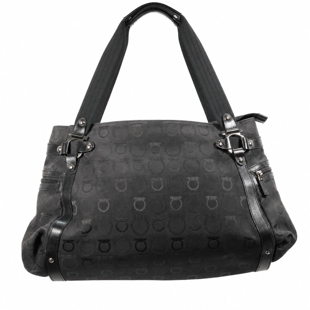 Salvatore Ferragamo Gancini Black Canvas Leather Shoulder Bag Handbag Purse handbags auction on bidia.ai