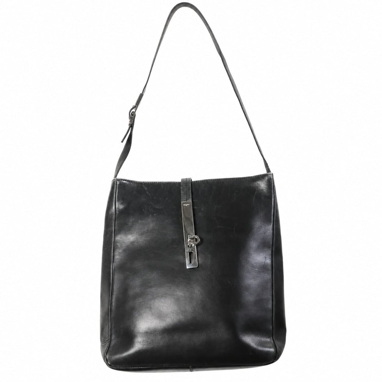 Salvatore Ferragamo Black Leather Gancini Shoulder Bag Handbag Purse handbags auction on bidia.ai